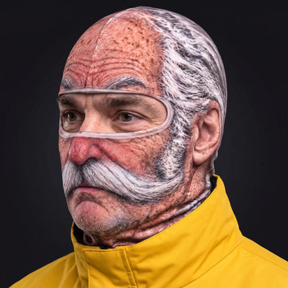 Three-quarter view of the Uncle Earl ski mask pulled over the head, ears and neck.