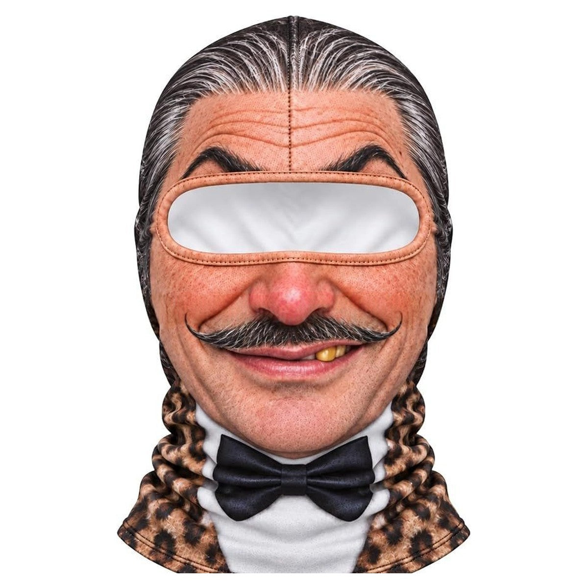 Sir Reggie funny ski mask with curly mustache, gold tooth, bow tie and leopard collar print