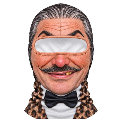 Sir Reggie funny ski mask with curly mustache, gold tooth, bow tie and leopard collar print